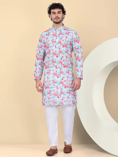 Men Linen Sky Blue Floral Printed Kurta